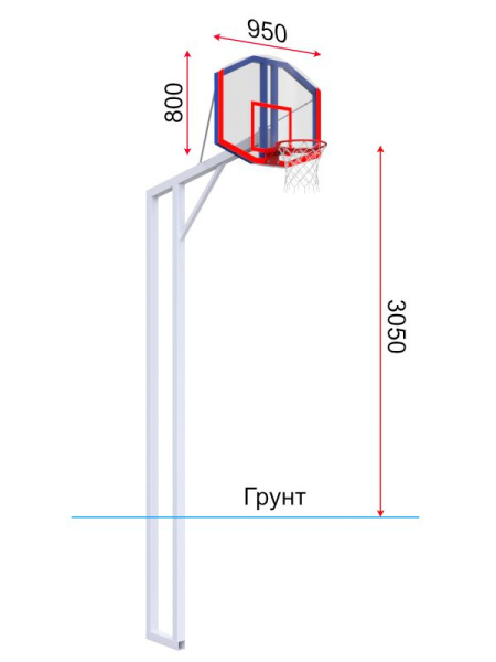 Баскетбольная стойка двухопорная со стритбольным щитом 960х800 мм из оргстекла и усиленным кольцом
