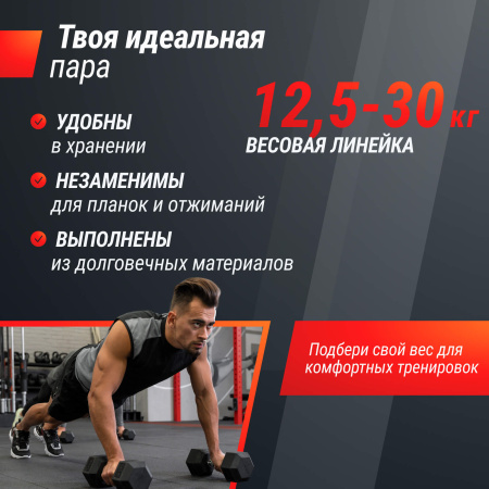 Ряд гантелей гексагональных UNIX Fit обрезиненных от 12,5 до 30 кг