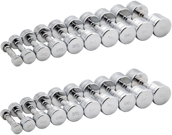 Гантельный ряд хромированный (шаг 1 кг, 10 пар) PROFI-FIT 1-10 кг